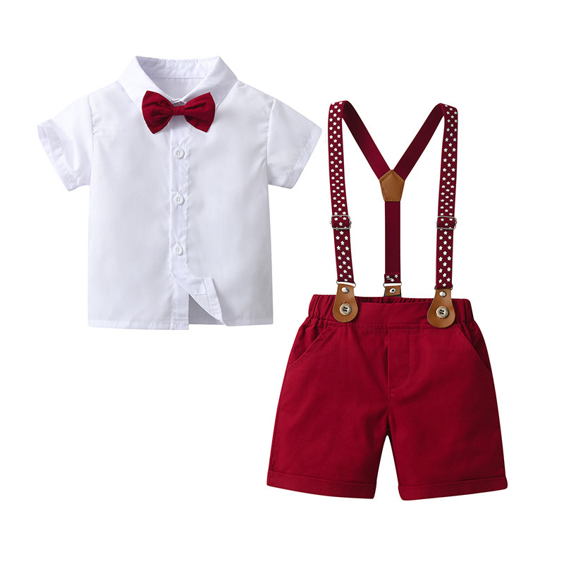 Summer kids boys clothing set short sleeve suit gentleman shirt and suspender trousers 2 pieces set baby boys