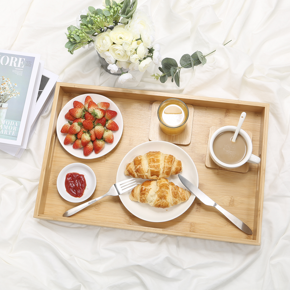 New Design Wooden Bamboo Tea Coffee Platter Pizza Food Dish Trays Sets Serving Plates with Handles