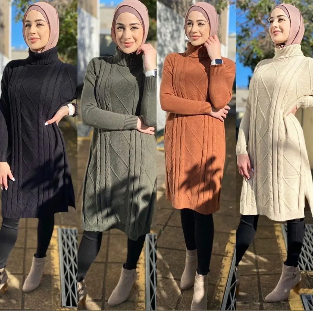 New Arrival High Neck Cotton Knitted Muslim Women Winter Sweater Skirt Arab Middle East Islamic Women Winter Abaya Dress
