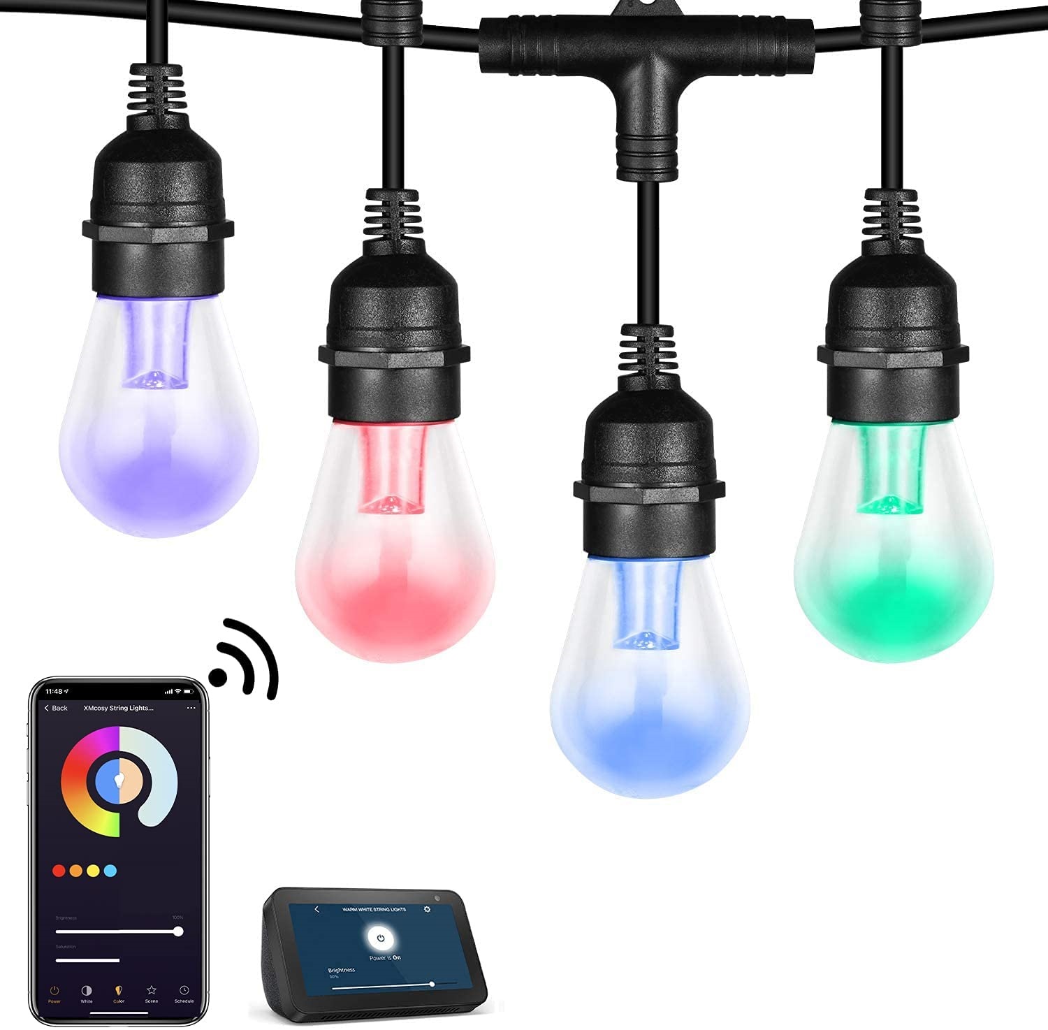 Рождественское украшение, RGB и белый, 48 футов, гирлянда для внутреннего дворика, многоцветная гирлянда S14, светодиодная уличная гирлянда с Wi-Fi и управлением через приложение TUYA