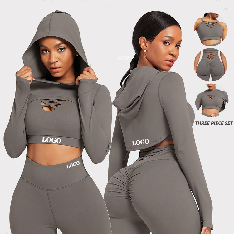 Best Selling Long Sleeve Hoodies Crop Top 3 Piece Yoga Suit Sport Wear Womens Fitness Clothing Sets