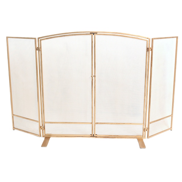 3-Panel Vintage Gold-Tone Scroll Work Freestanding Metal Fireplace Screen
