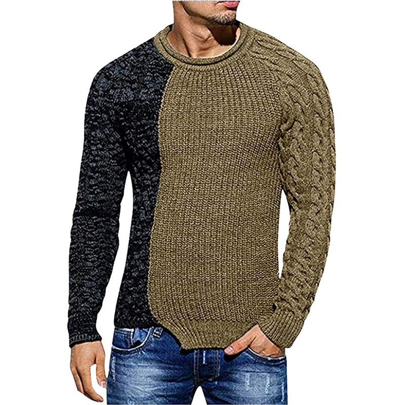 2021 Winter men's new knitted O neck pullover top color block patchwork formal long sleeve slim sweater for men