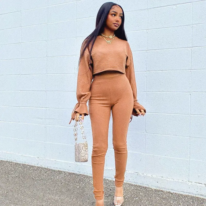 Wholesale Plain Ribbed Long Sleeve Crop Top Long Pant 2 Piece Set Fall 2021 Women Clothes