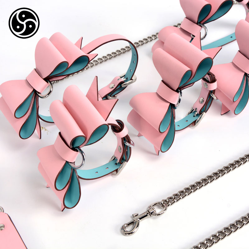 Hot Sale Sm Genuine Leather Bondage Set With Bow-Knot Collar For Cat Cute Sexy Girl Slave Pink Bdsm Sextoy Japanese Bondage Set