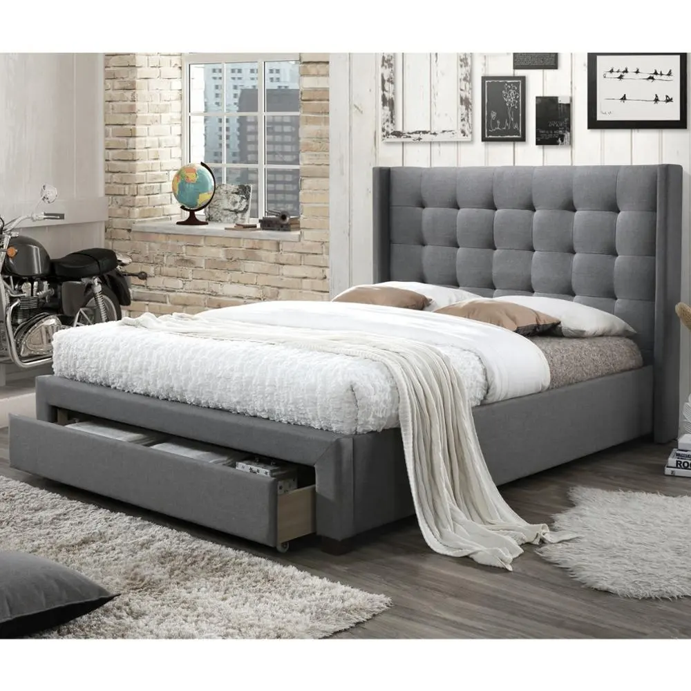 Modern Style Custom Button Tufted with Nail Upholstered Fabric Bed Queen Bed with Storage