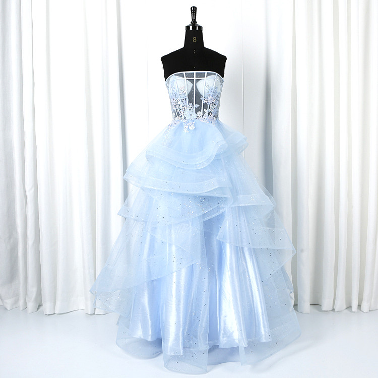 Реальное изображение Тюлевое многослойное бальное платье quinceanera кружевное вышитое синее длинное вечернее платье для выпускного вечера платья для взрослых