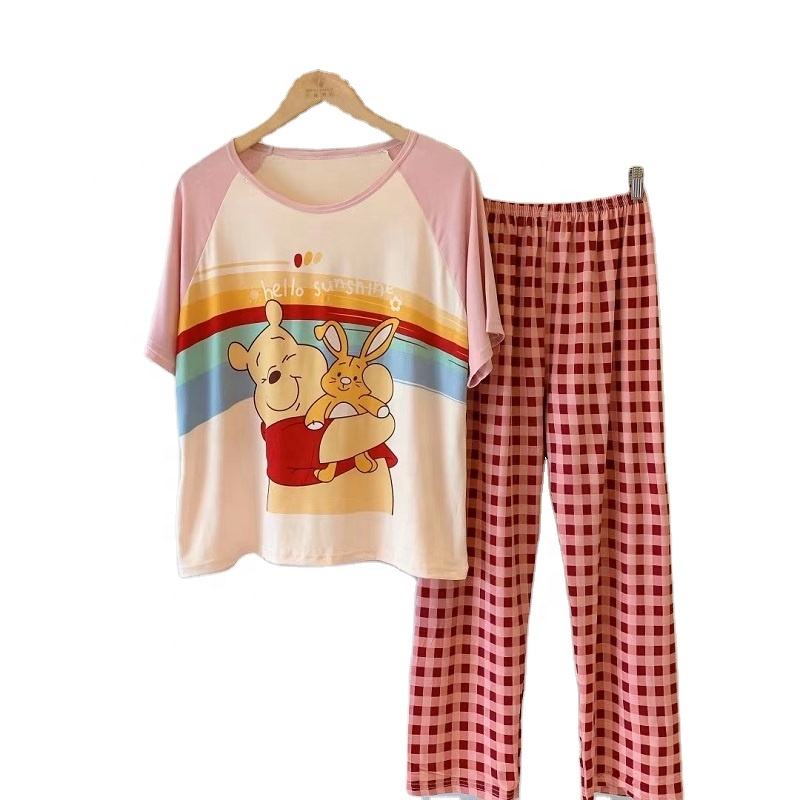 Women's Cartoons Sleepwear Short Sleeve Pants 2Pcs Sets Pajamas Milk Oversize Korean Style Cute Leisure Loung Wear For Women