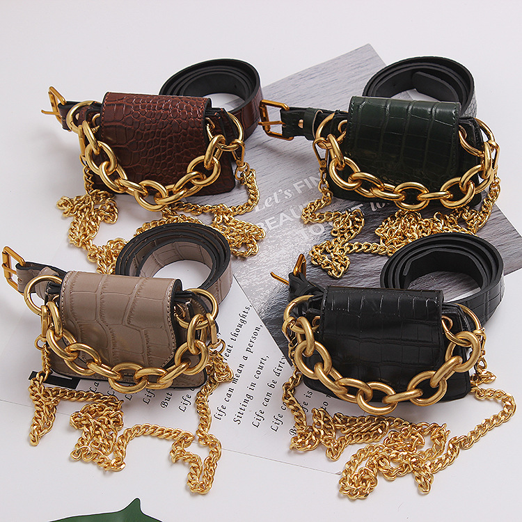2021 new hot sale crocodile pattern fashion all-match gold chain leather belt handbag diagonal detachable small waist bag