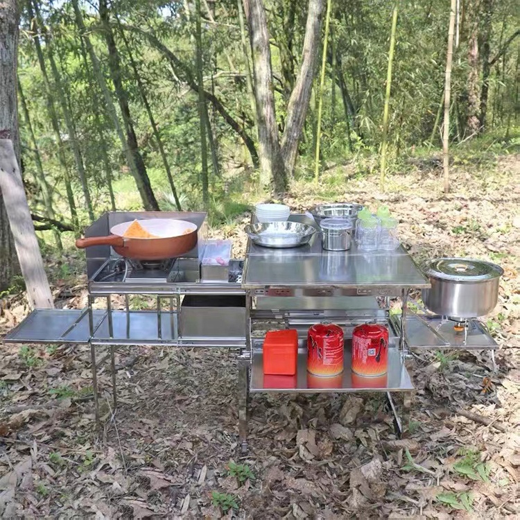 5-6 Persons High Quality Stainless Steel Camping Trailer Kitchen outdoor portable folding Kitchen with full set cookware