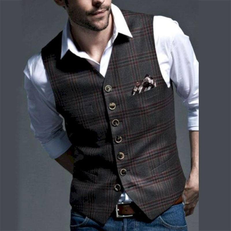 Men's Plus Size Dress Vest Temperament Slim Fit V-neck Plaid Short Waistcoat