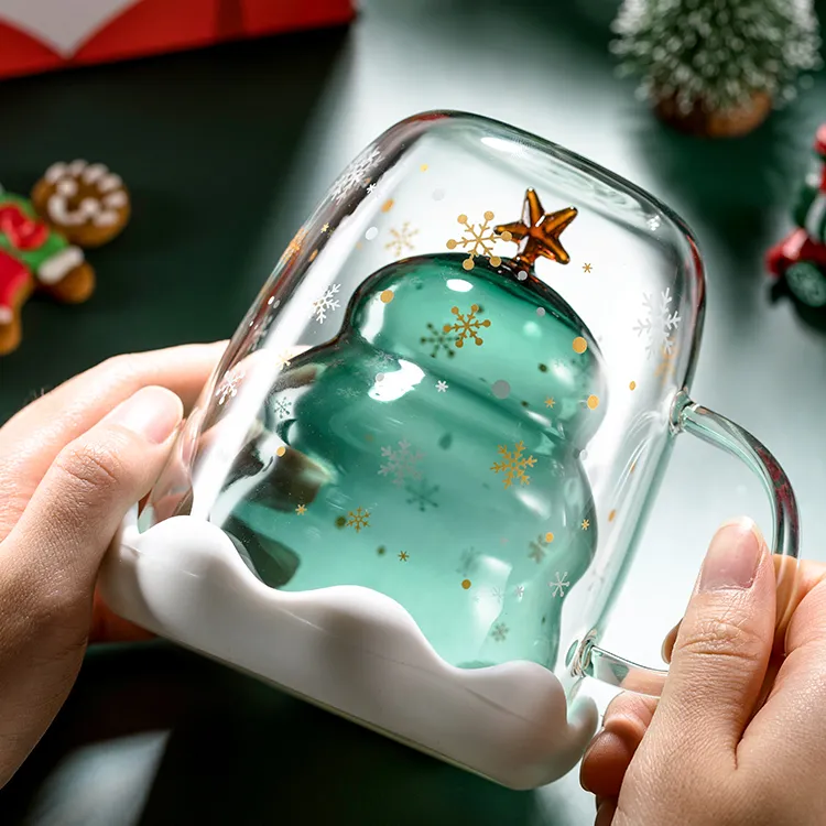 300ML [Christmas Gifts], Double Wall Glass Christmas Tree Design Espresso Coffee Cup with Food Grade Silicone Lid