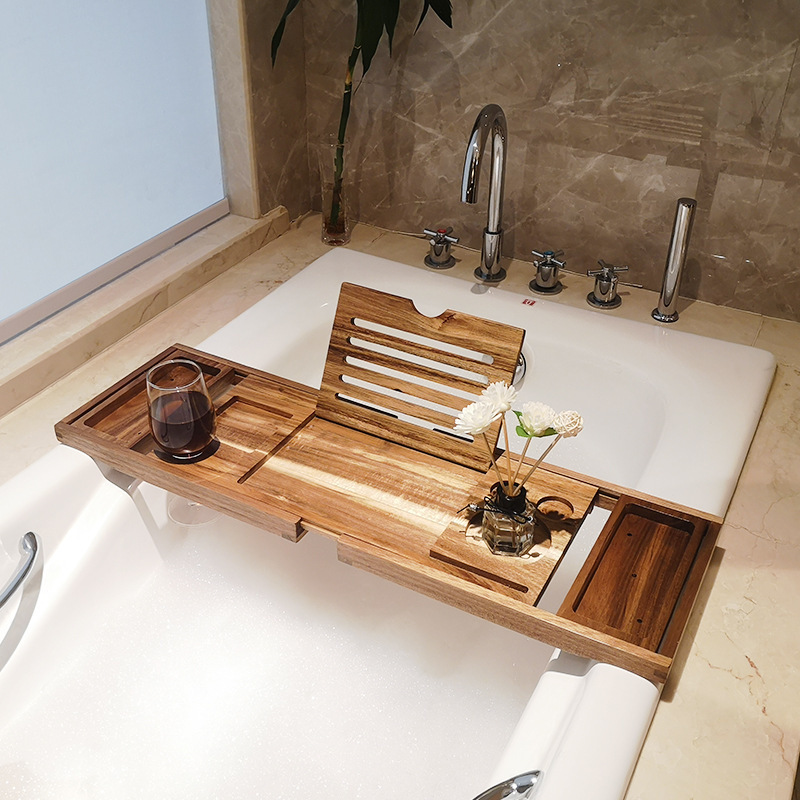 Factory Luxury Bamboo Bathtub Caddy Bath Tub Tray with Extending Sides Built in Book