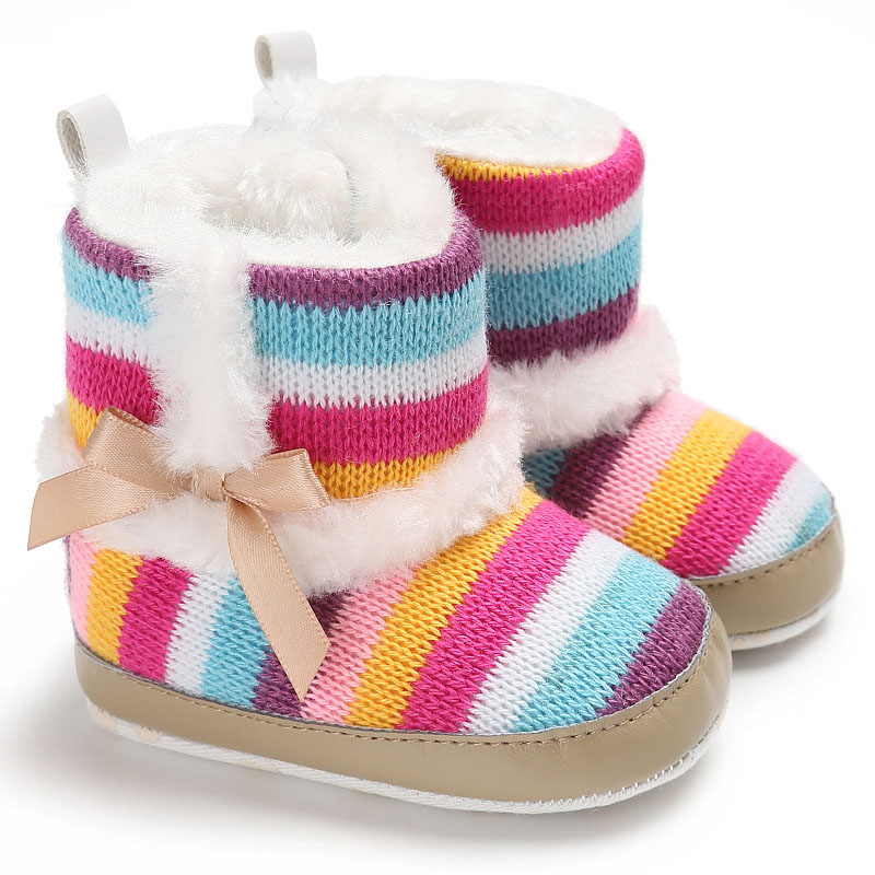 Lovely Rainbow Bowknot Cotton Knitting Winter Baby Boots Thick Warm Plush Toddler Infant Baby Girl Shoes Anti-slip Snow Boots