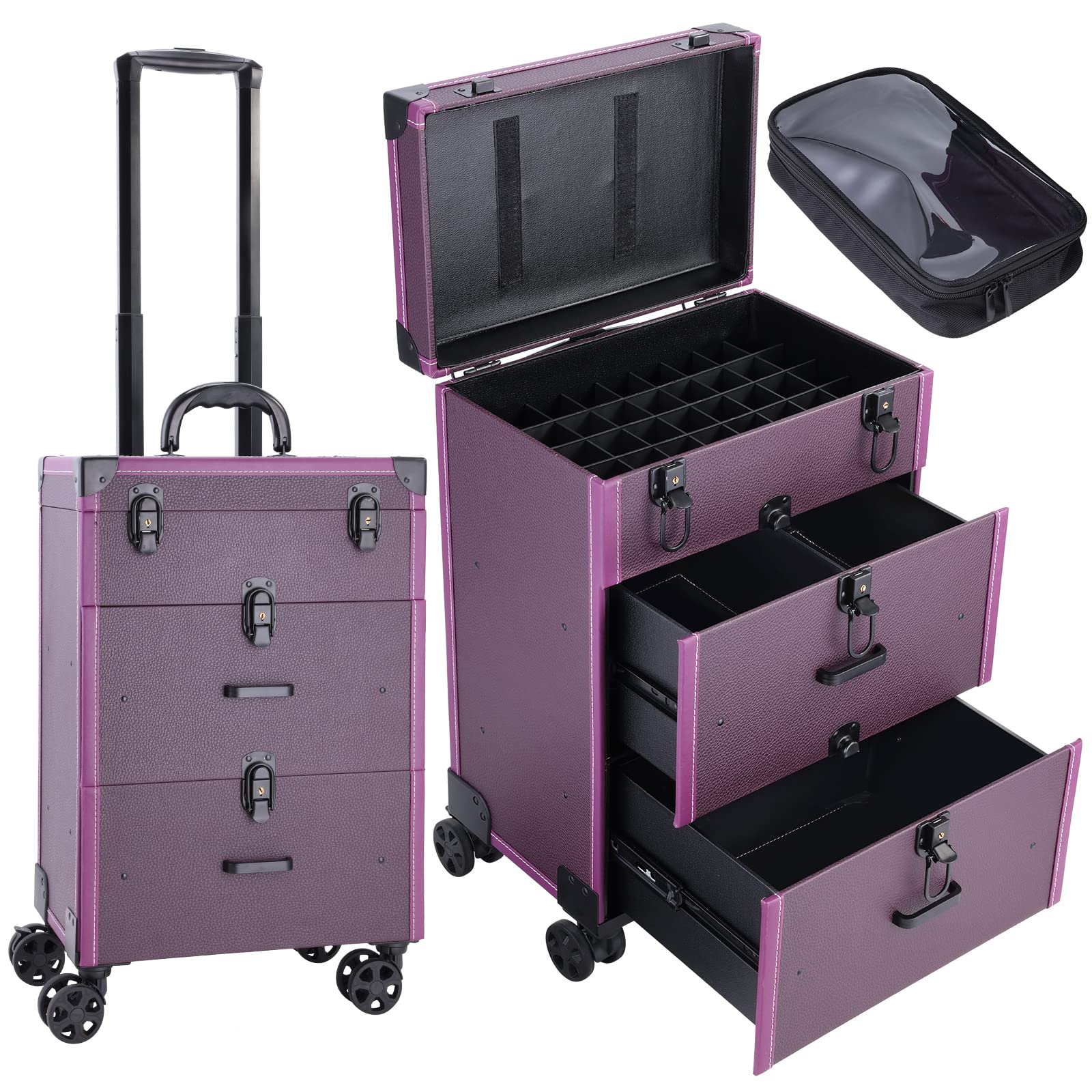 Rolling Nail Case Wheeled Manicure Storage Case Polish Organizer Professional Makeup Trolley for Studio or Travelling