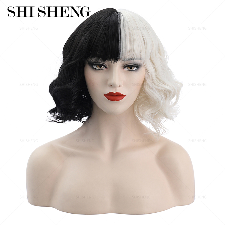 Женский парик для косплея SHI SHENG, косплей-парик 12 дюймов, короткая волна, наполовину белый и наполовину черный, с шапочкой