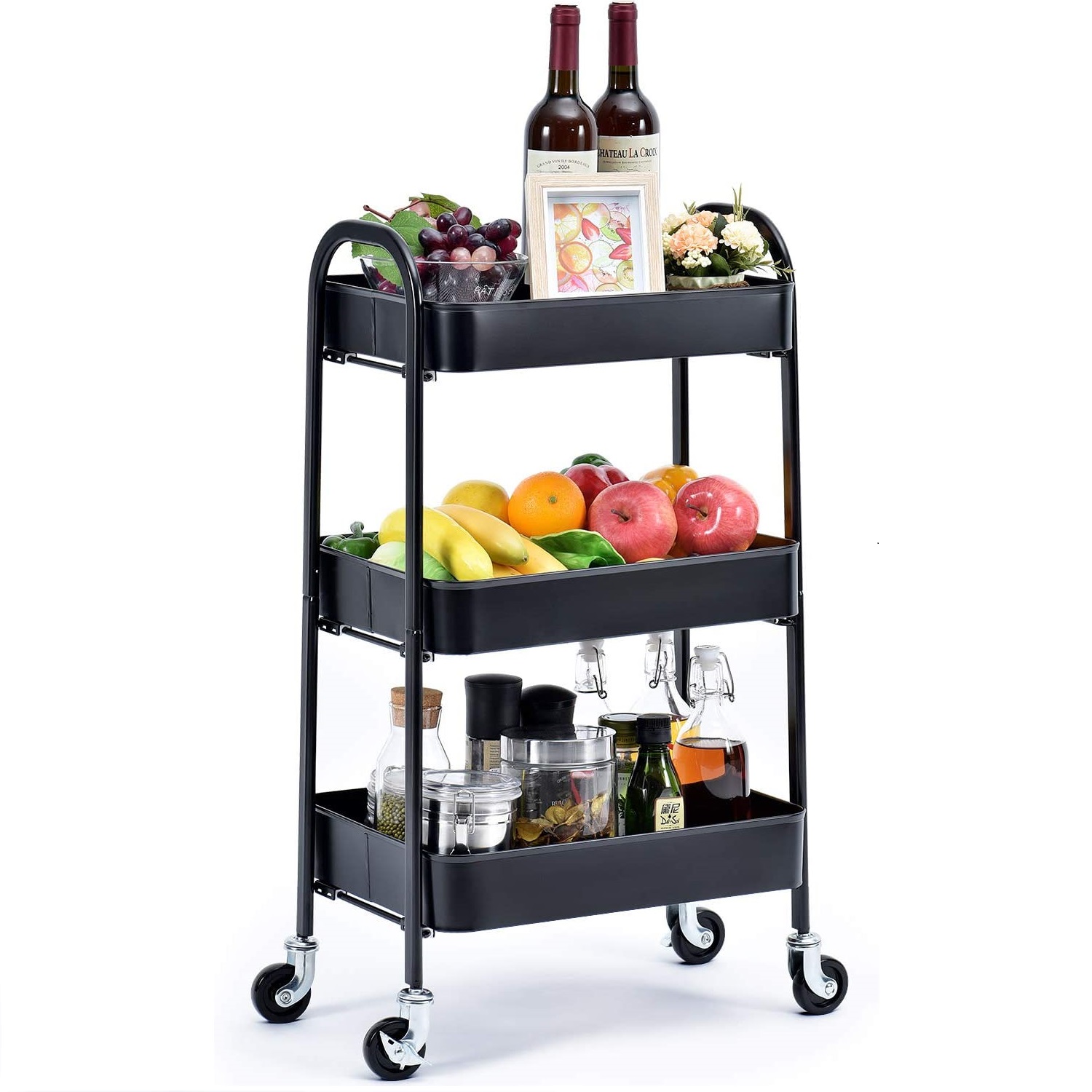 3 Tier Rolling Cart,No Screw Metal Utility Easy Assemble Utility Serving Sturdy Storage Trolley with Handles