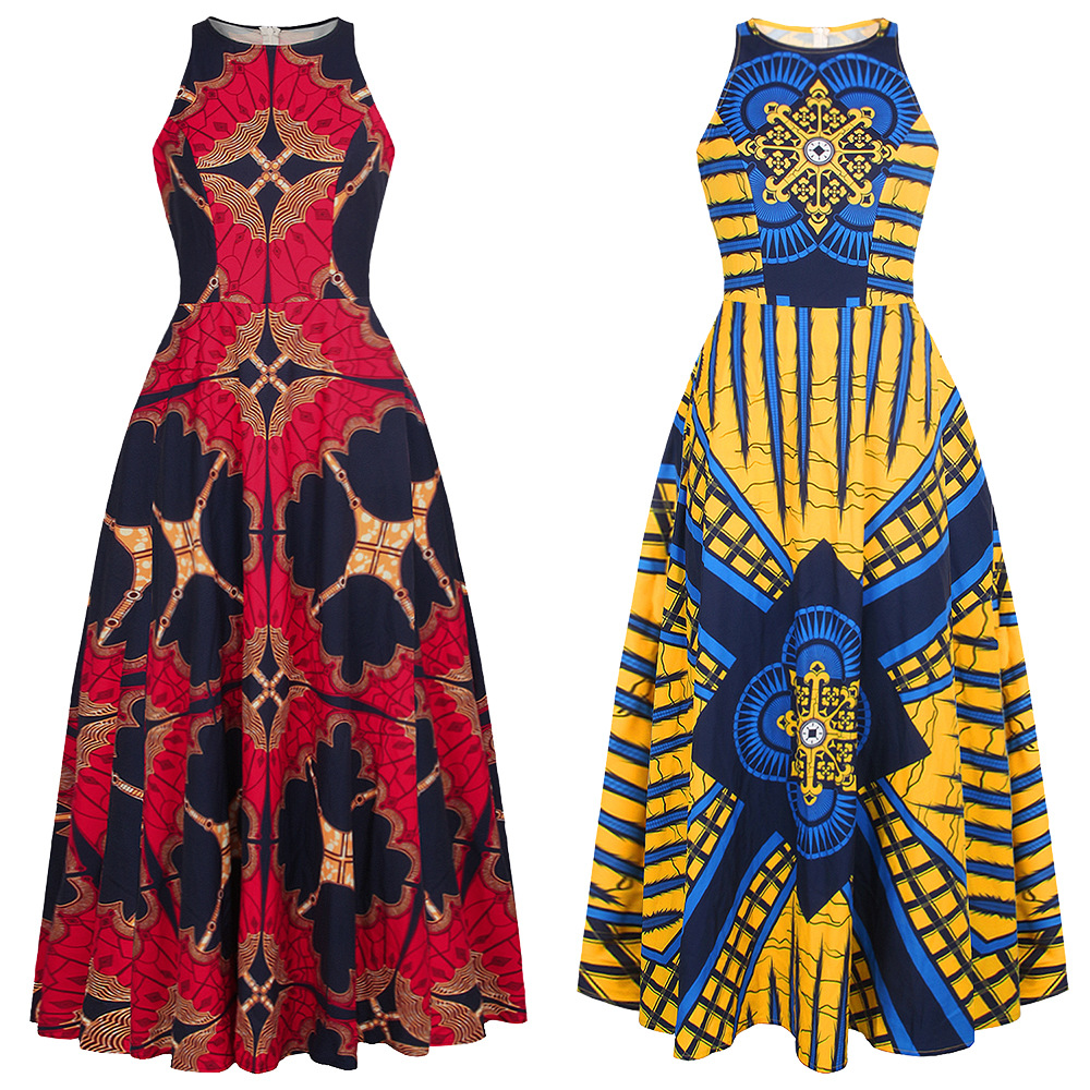 New style digital printing women's round neck sleeveless dress African style nightclub big swing skirt summer dress