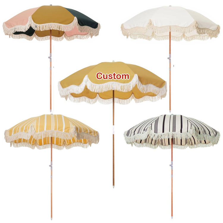 OEM Portable Wood Pole Luxury fringed beach umbrellas with tassels, Premium uv protection Boho Sun Outdoor Parasol for Chairs