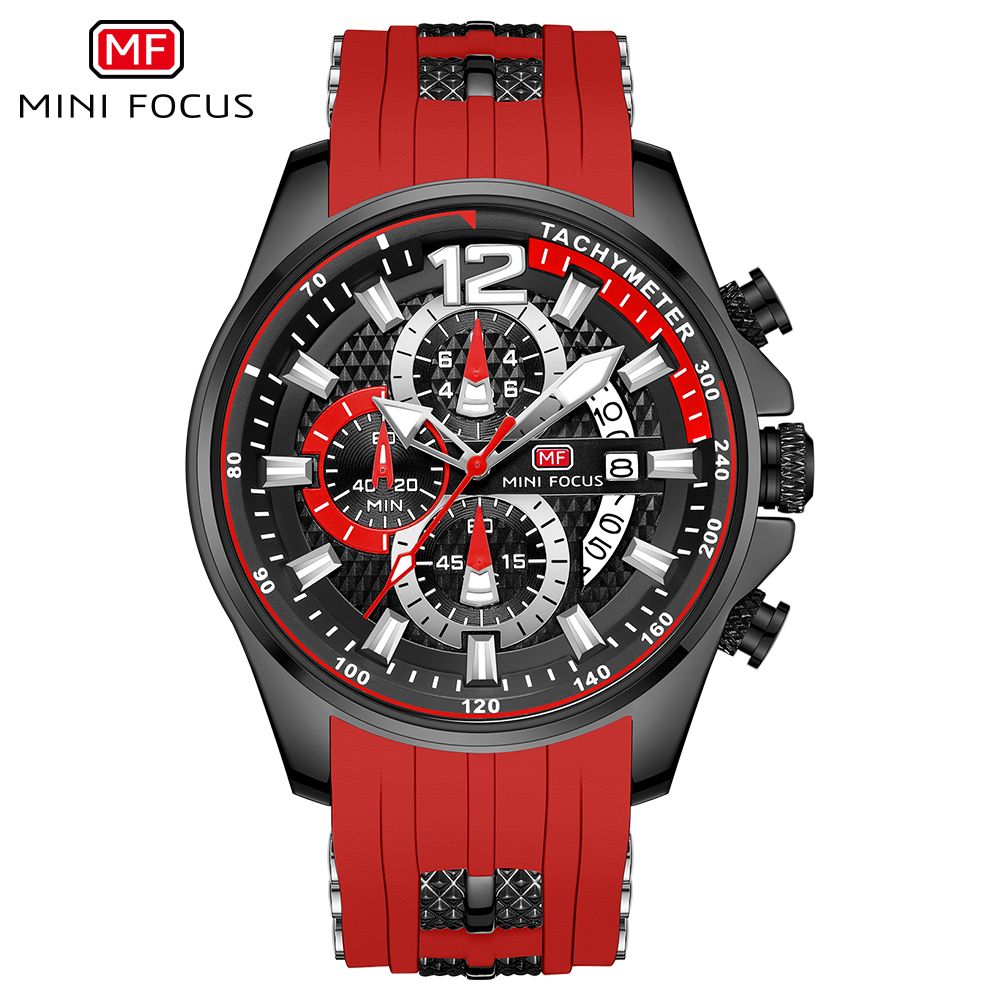 Часы наручные MINIFOCUS мужские спортивные, брендовые водонепроницаемые Модные с красным силиконовым ремешком, с хронографом