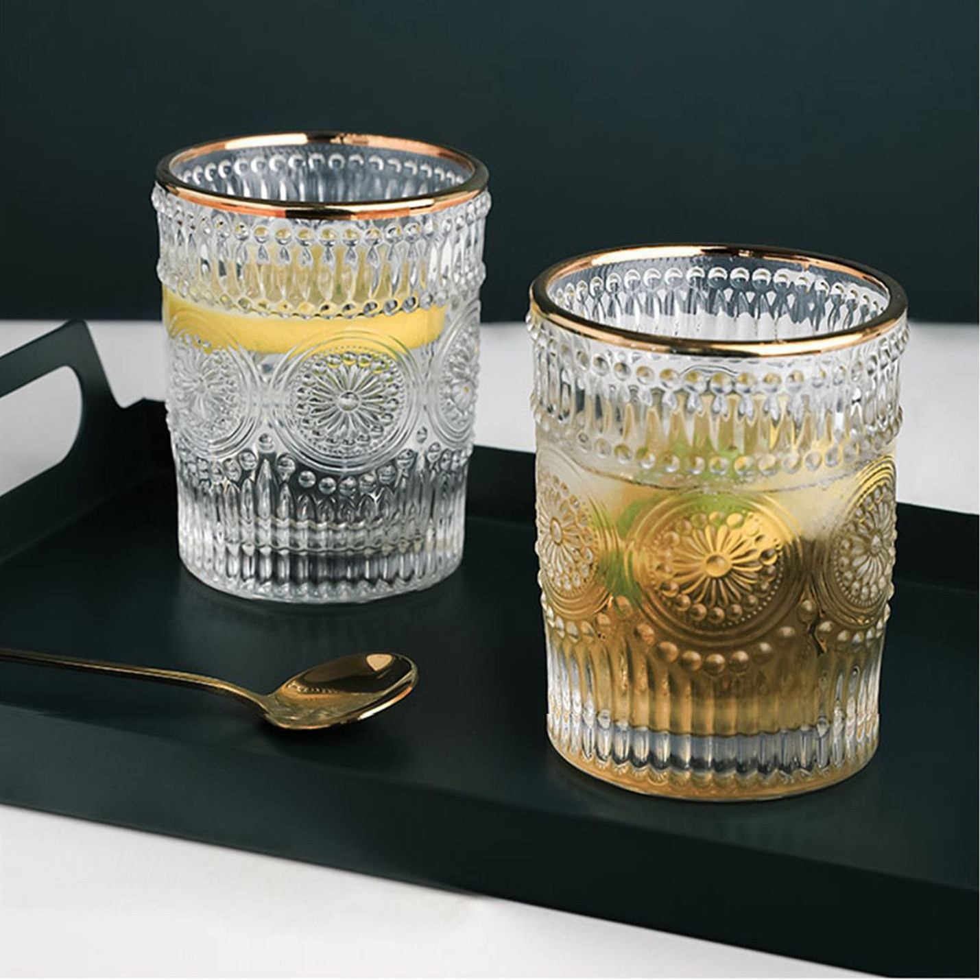 shoutao customized European Style Embossed Press Glass Cold Cup 10oz Retro Wine Glass Milk Cold Drink Cup Stemless Wine Glass