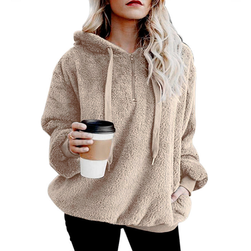 2021 autumn and winter women's new cross-border pullover solid color hooded plush sweater women's loose zipper top
