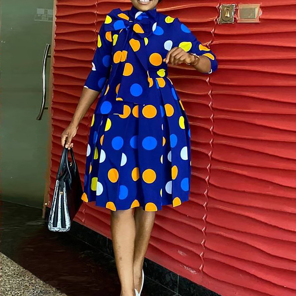 2021 New Summer A Line Bowtie Printed Dot African Women Office Career Dress