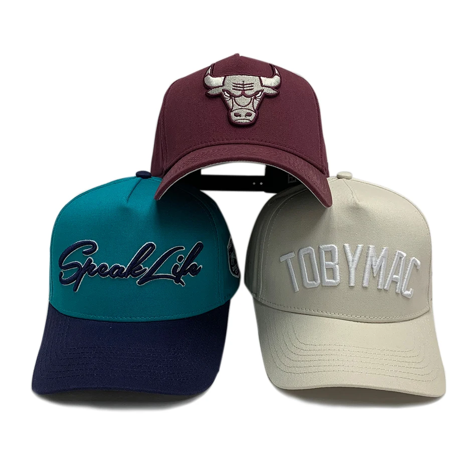 Wholesale Custom Quality Embroidery Logo Curved Brim 5 Panel Structured Outdoor Sports A Frame K Frame Snapback Baseball Hat Cap
