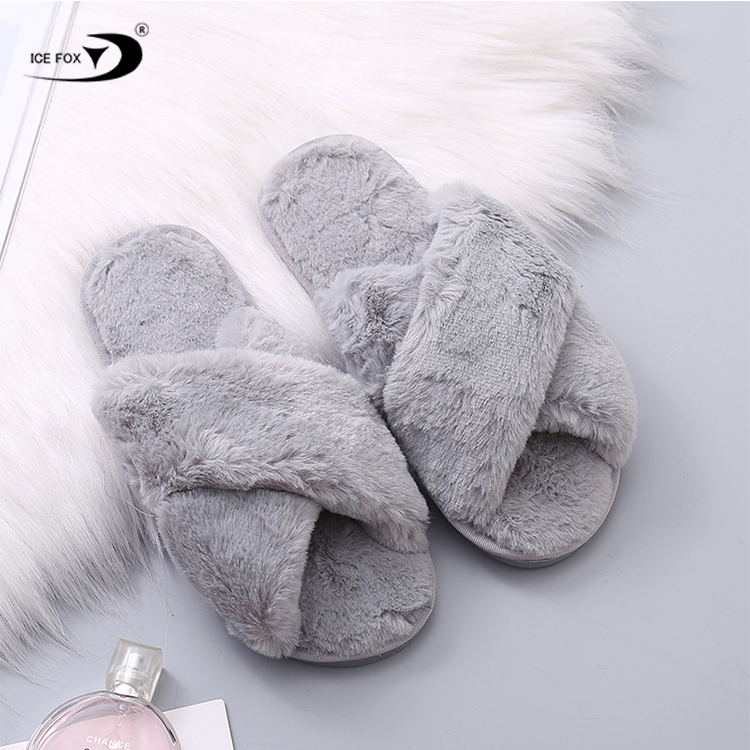 Home Women Fur Slides Warm Cross Soft Plush Furry Faux Rabbit Fur Slippers Women