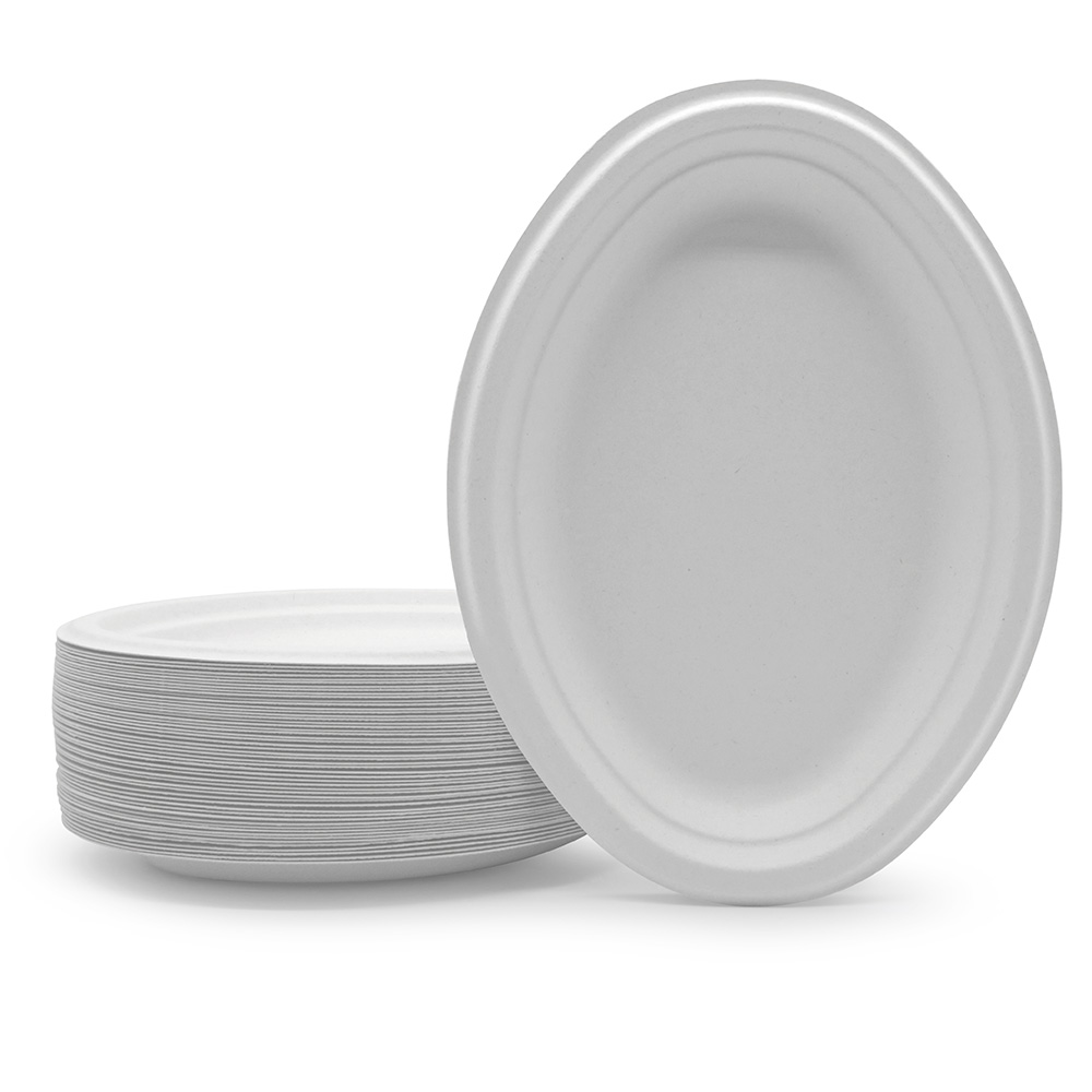 10 Inch 12.5 Inch Biodegradable Dinner Dishes Plates Disposable Oval Sugar Cane Bagasse Paper Pulp Plates