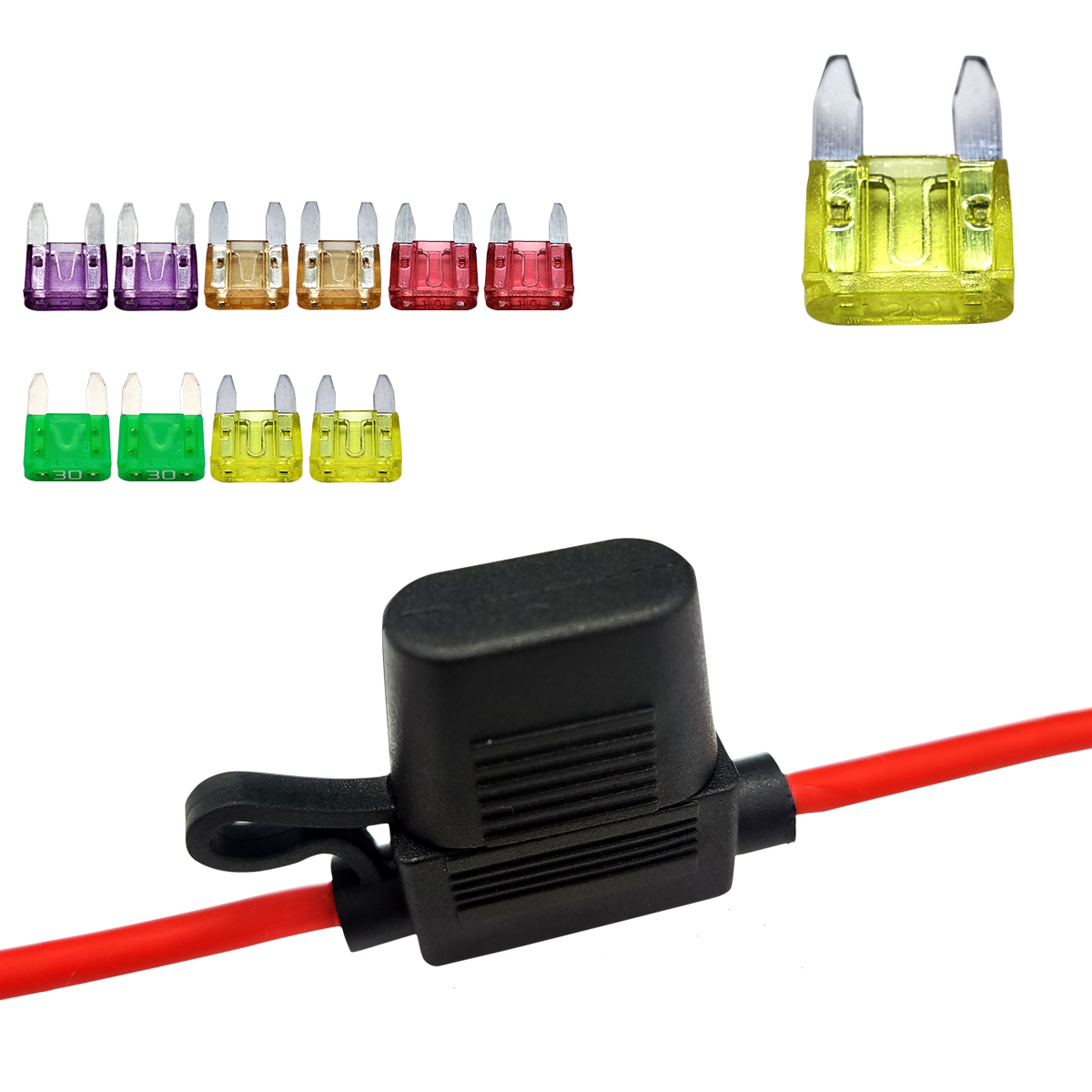 In-line MINI Blade fuse holder with 10AWG, 12AWG, 14AWG, 18AWG, 20AWG Cable