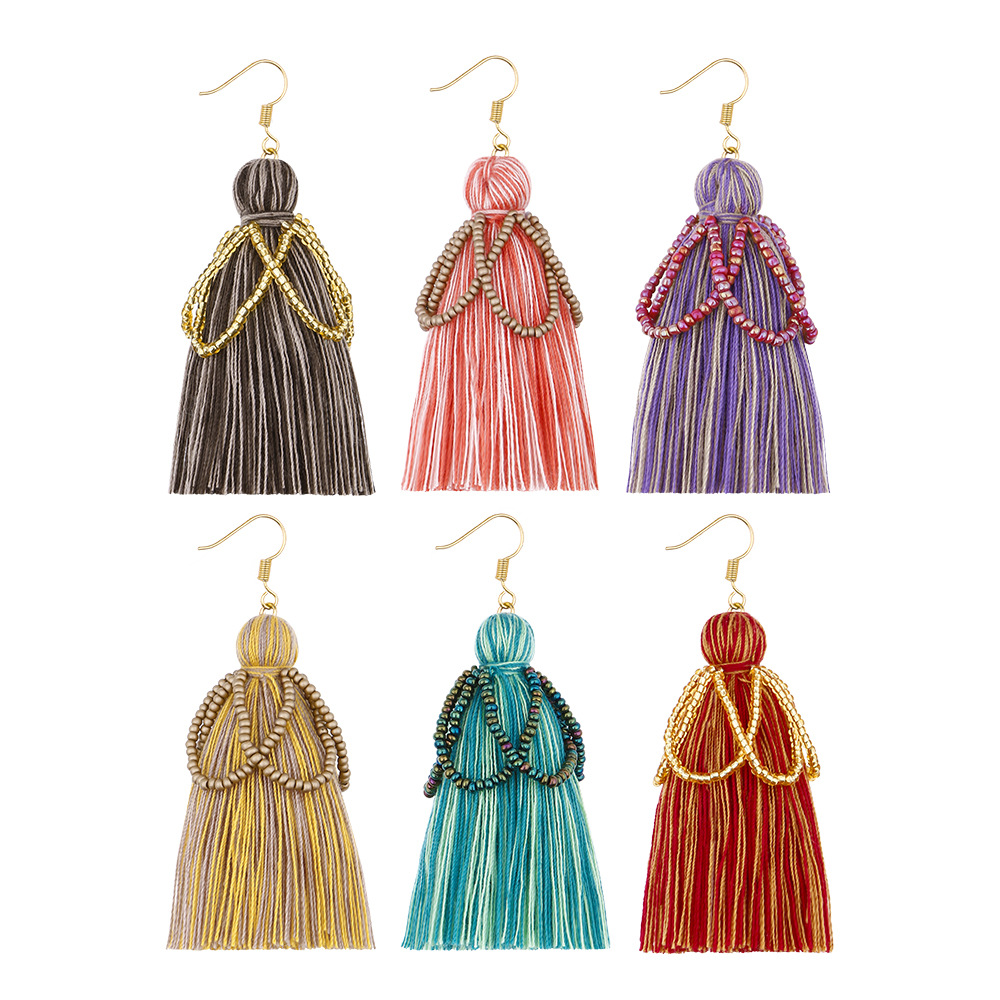 Original bohemian ethnic style high-quality rice beads handmade cotton tassel earrings