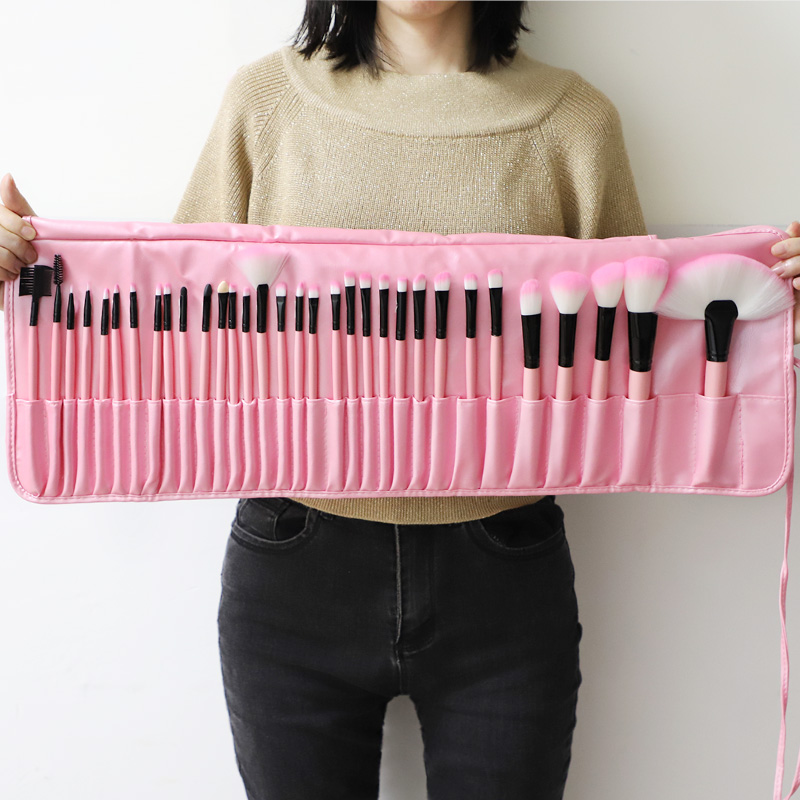 New 32pcs Wood Handle Brush Make up Tools Brushes Set Kits with Leather Bag