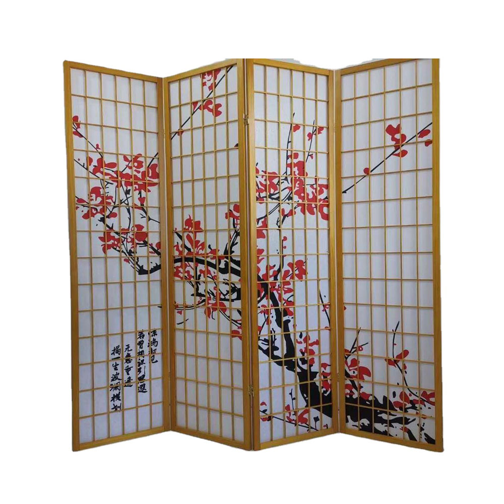 Custom Plum Blossom Print Wood & Paper 4 Panel Room Divider Red And Black Japanese Style Room Dividers
