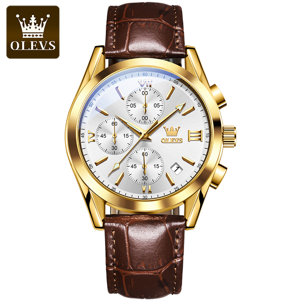 OLEVS 2872 new arrival mens quartz watch superior leather strap water resistant Luminous 3 dials watch date display hand watch
