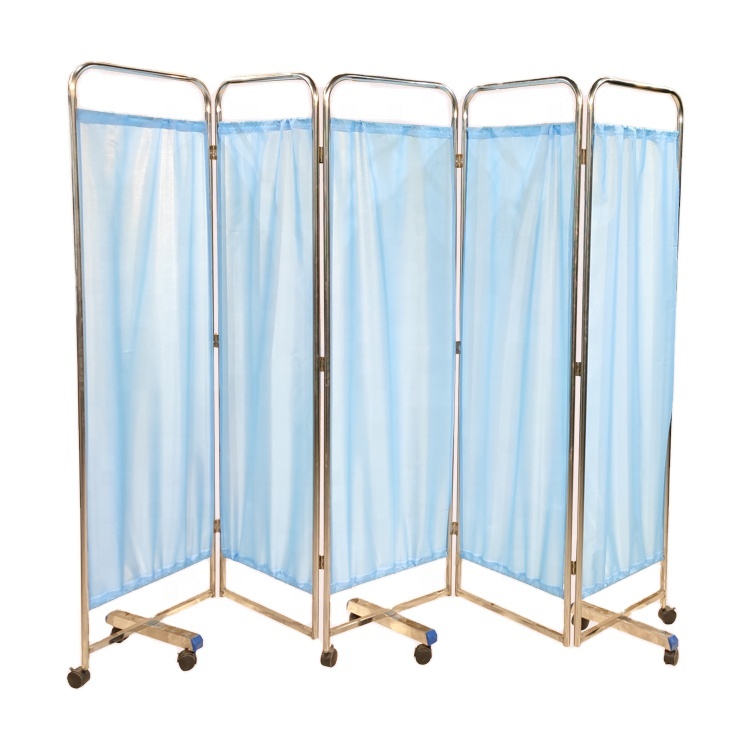 Mobile medical stainless steel 4-panel foldable hospital bed side screen hospital privacy ward screens on casters