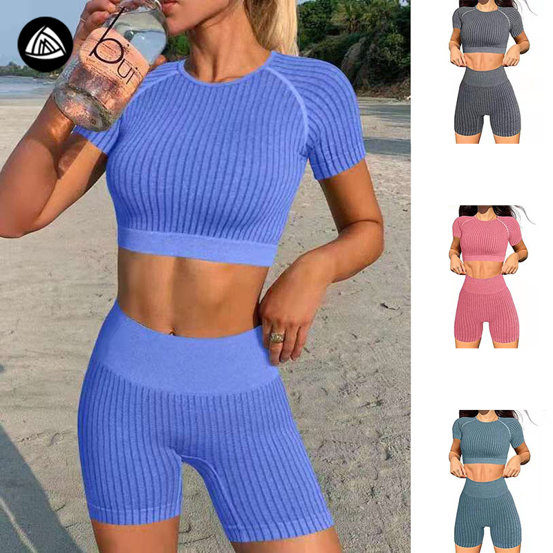 Ready To Ship Seamless Compression High Waist Jogging Shorts Custom Sets Short Sleeve Yoga Tshirt