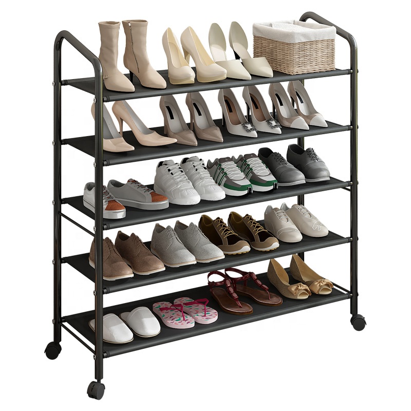 High Quality Cheap Large DIY 20 Pairs 5 Layer Non-Woven Metal Iron Frame Shoe Racks Cabinet Shelves Stand with Wheels Brake