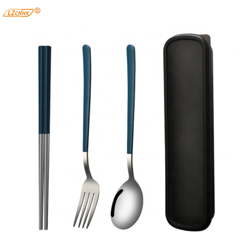 Travel Cutlery Stainless Steel Korean Spoon Fork Chopsticks Sets With Portable Plastic Box 3PCS Cutlery Set
