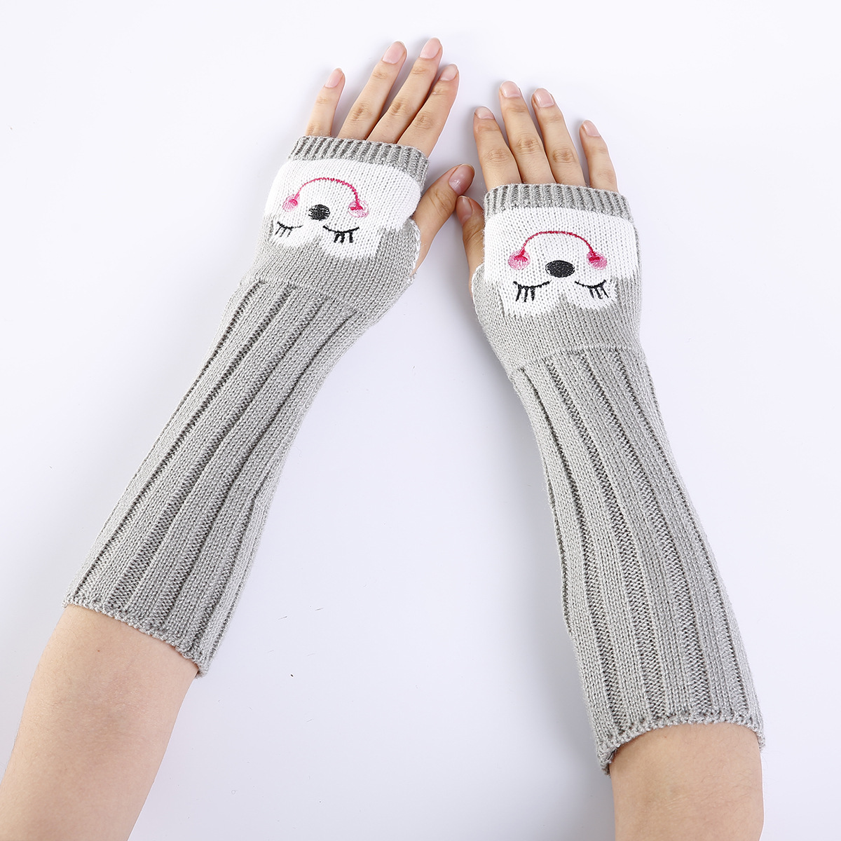Winter Women Long Warm Sleeves Mittens Female Squirrel Print Acrylic Stretch Knit Gloves Half Finger Fingerless Arm Warmers
