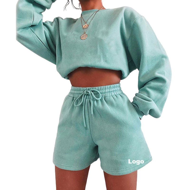 2021 Plus Size Fall Women Clothing Hoodies Sweatshirt Short Pants Set Pullover Custom Long Sleeve Two Piece