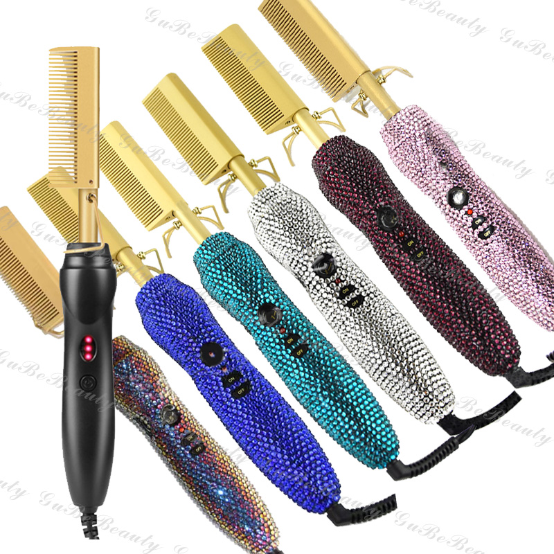 Gubebeauty AMZ hot sale hair curling wand rhinestone electric brush hair dryer straightener brush for homeuse with FCC&CE