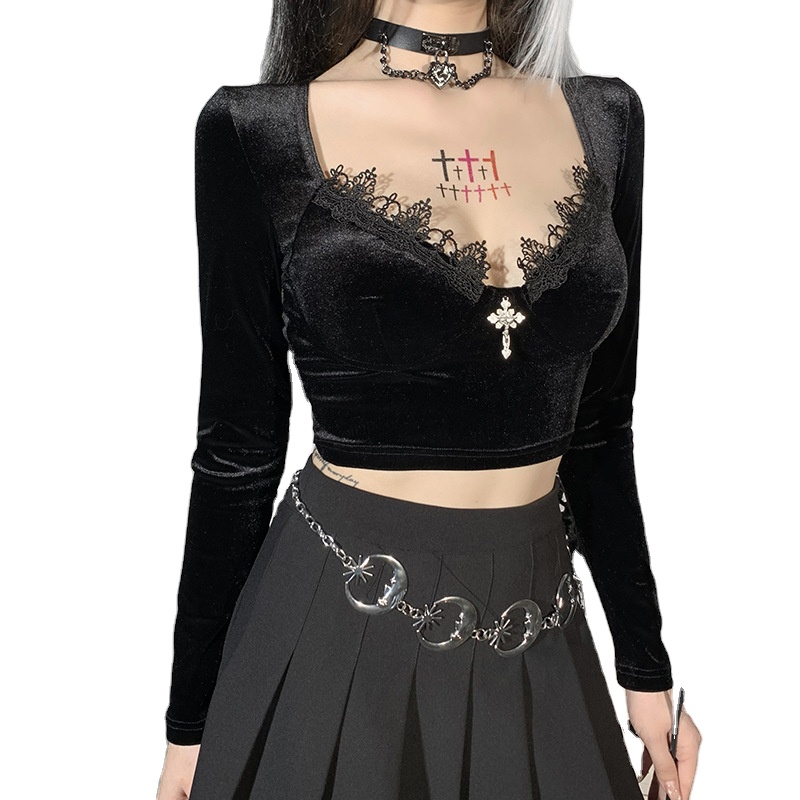 Velvet Y2K Mall Goth Crop Tops Black Lace Trim Emo Alternative Aesthetic Crop Tops Women Backless Sexy Full Sleeve Tops Coldker