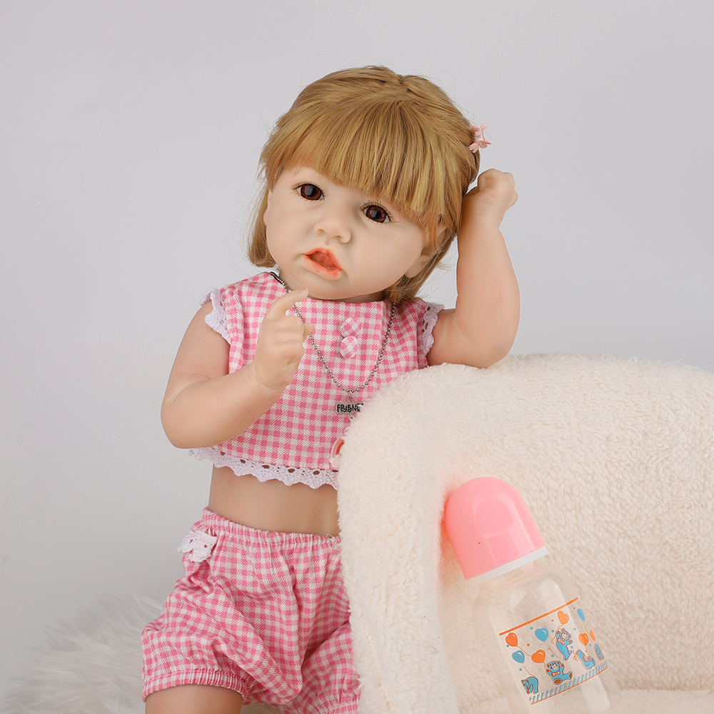 Dolacoco 18 Inch Education Silicone Body Doll Reborn Girl with Brown Hair Little Baby Toy