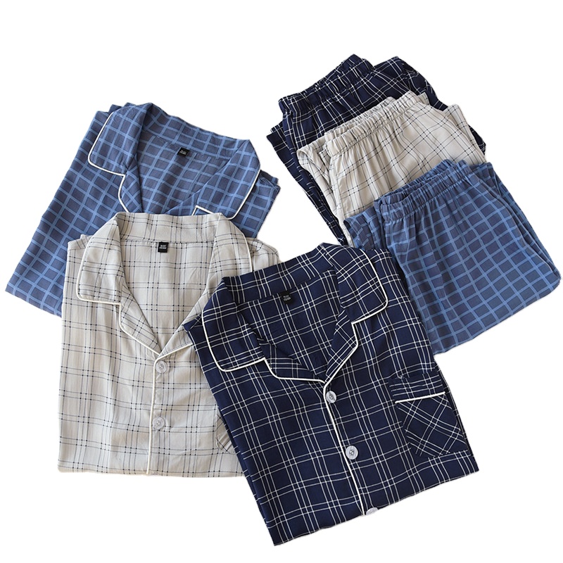 Checked pajamas men's cotton crepe thin long-sleeved trousers suit loose casual home furnishing plus fertilizer to increase home