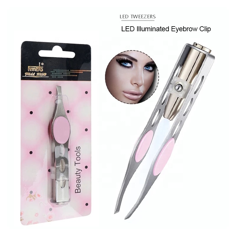 Customized Stainless Steel Anti-static Slanted Eyebrow Eyelash Tweezers  With Led Light