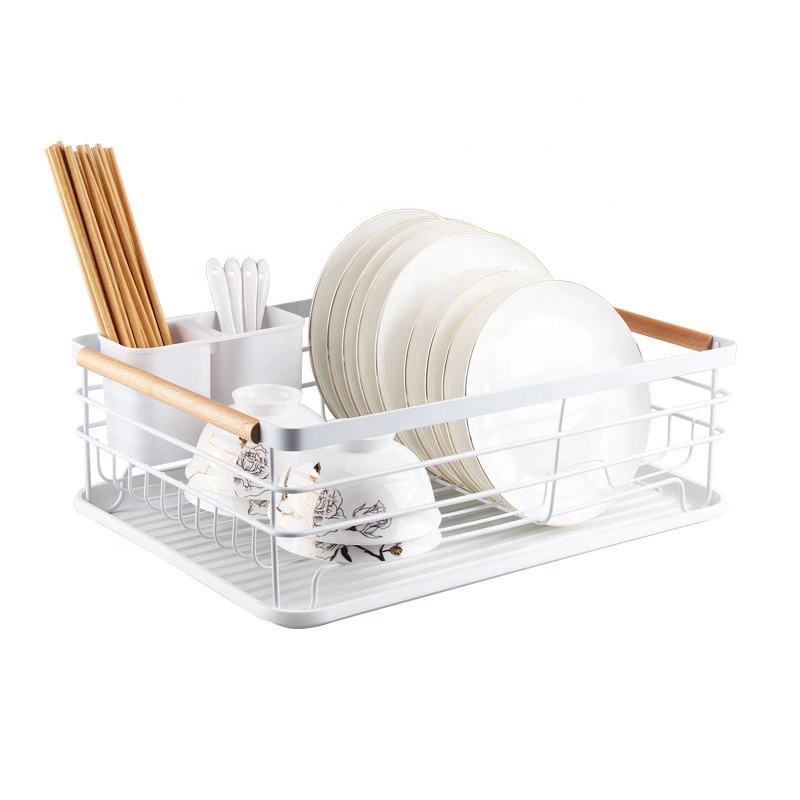 Modern Wood Handle Dish Drying Rack With Full-Mesh Storage Basket