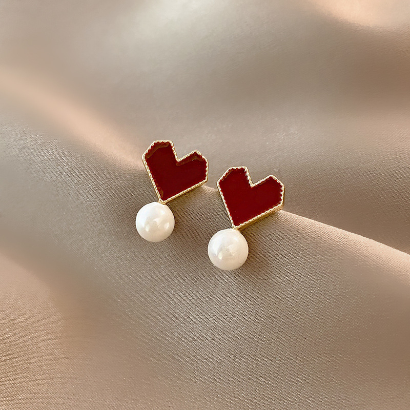 Newest Arrival Red Oil Drip Heart Stud Earrings Baroque Pearl Drop Earrings For Women Girls