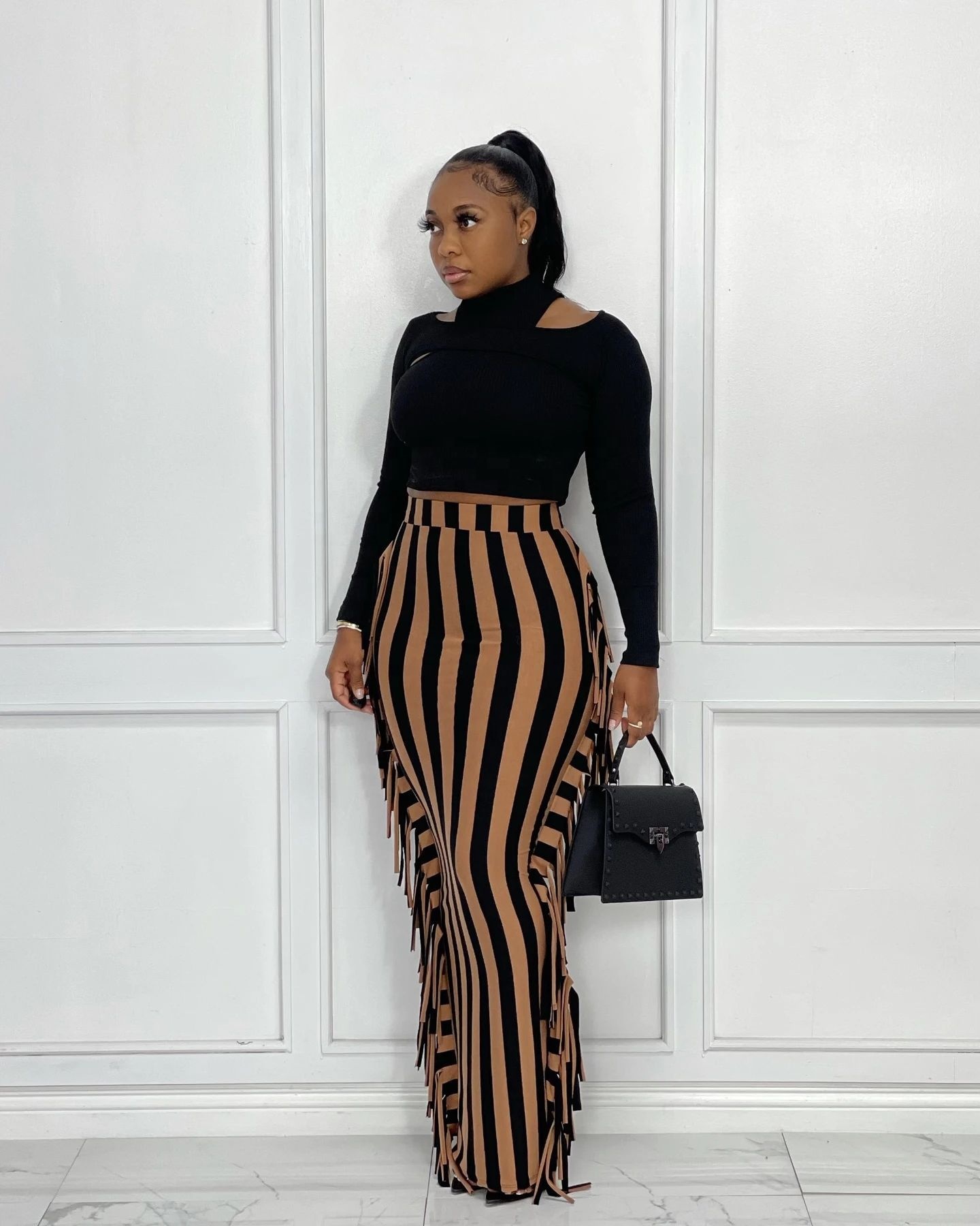 2021 fashion women's dress with tassel stitching on both sides and printed stripe Hip Wrap Skirt