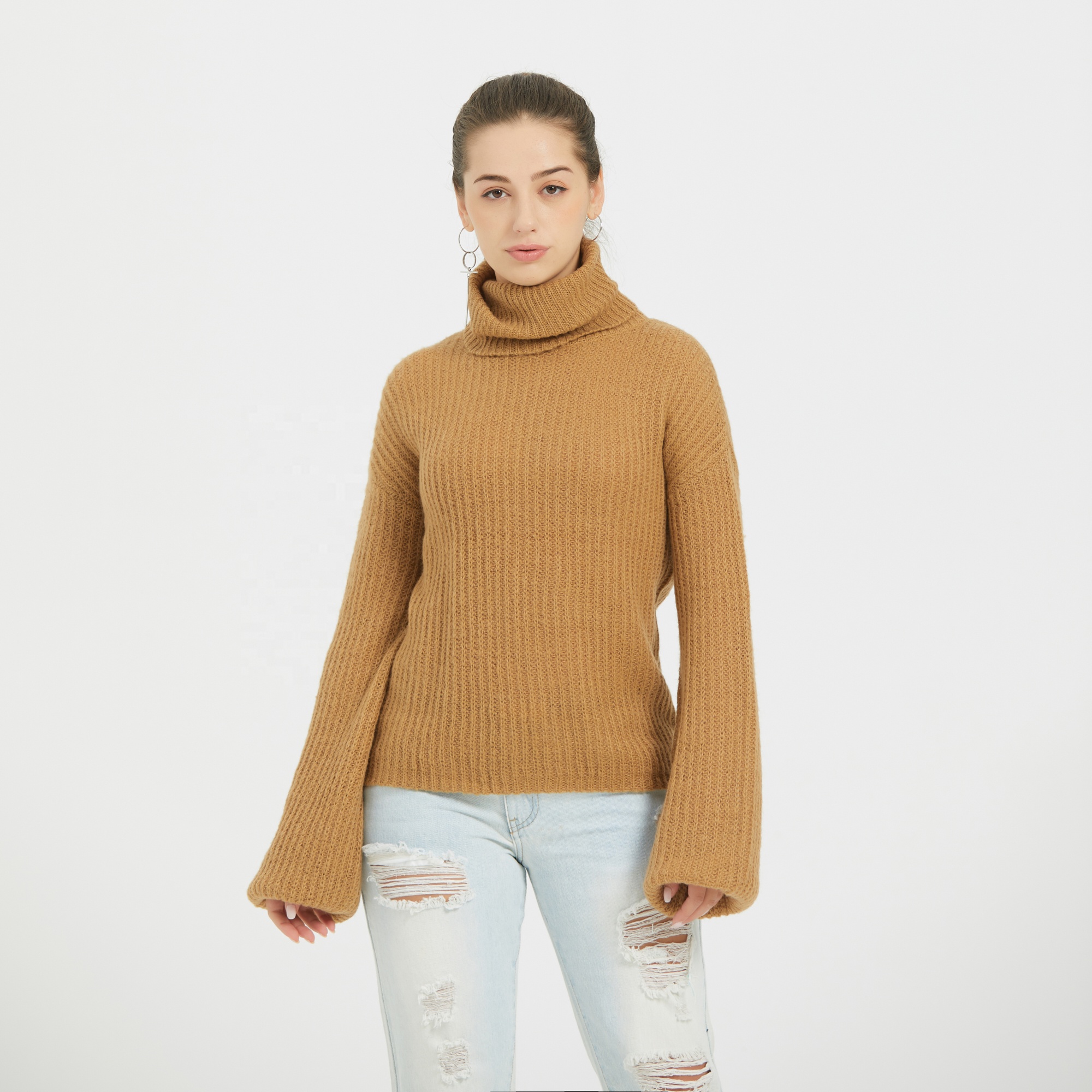 Modern Fashion Ladies High Neck Lantern Sleeve Knitted Pullover Sweaters Women